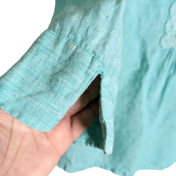 Lands' End Linen Tunic Top 4 Embroidered Crochet Green Split Neck 3/4 Sleeve - Picture 5 of 8